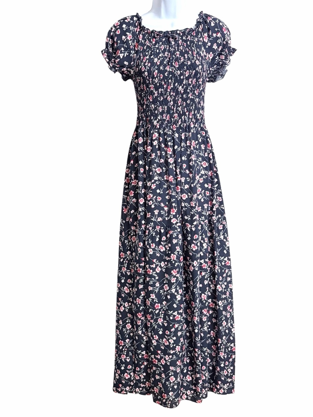 Kindred Boho Smocked Dark Floral Peasant Maxi Dress XL Blue Tiered Cottagecore